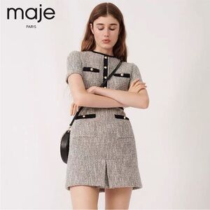 NWT Maje Grey Tweed Dress with Black and Gold Details